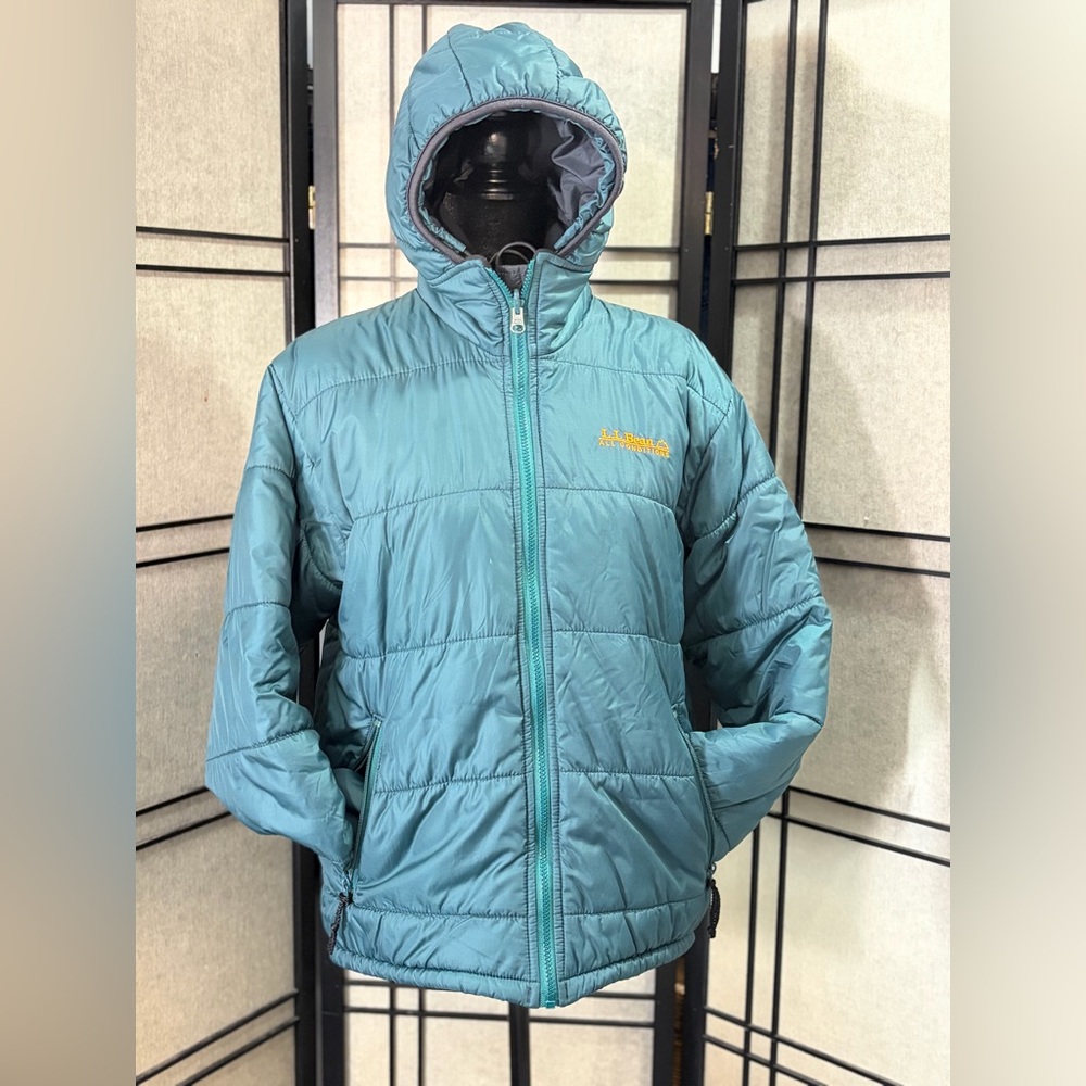 LL BEAN all Conditions Primaloft Down Women’s Puffer Coat Sz S Hooded Aqua